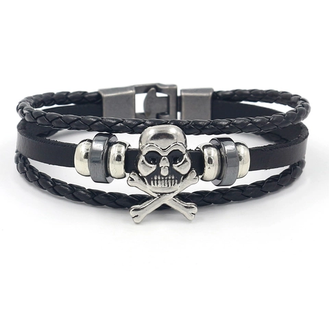 Punk Totenkopf Mehrlagiges Geflochtenes PU Leder Armband Retro Legierung Anhänger Herren Armreif Schmuck