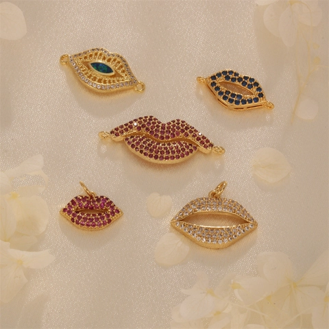 Lip Shape Charms Copper Gold Plated With Colorful Zircon DIY Jewelry Making Connectors For Bracelet Necklace