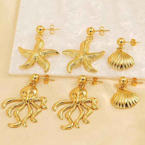 Pendientes Vintage de Acero Inoxidable Dorado Criaturas Marinas Diseño Estrella de Mar Pulpo Concha Joyería de Playa para Mujer
