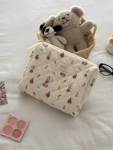 Borsa Per Trucco In Cotone Trapuntato Stampa Coniglio Circo Cartone Animato Pochette Cosmetica Portatile Organizzatore Da Viaggio Kawaii