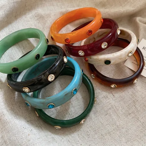 Bracciale Rigido In Resina Acrilica Vintage Con Strass Colorati Texture Marmo Per Donna