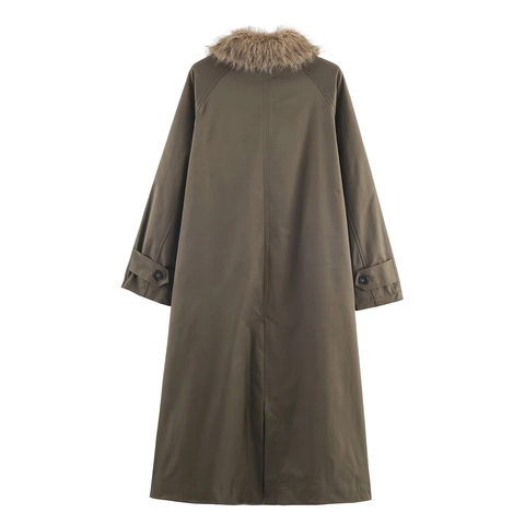 Women Long Trench Coat With Faux Fur Collar Single Breasted Reversible Outerwear Plaid Solid Color Casual