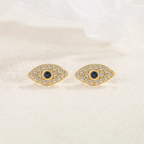 Retro Turkish Evil Eye Stud Earrings With 925 Sterling Silver Earring Post Blue Cubic Zirconia Jewelry For Women