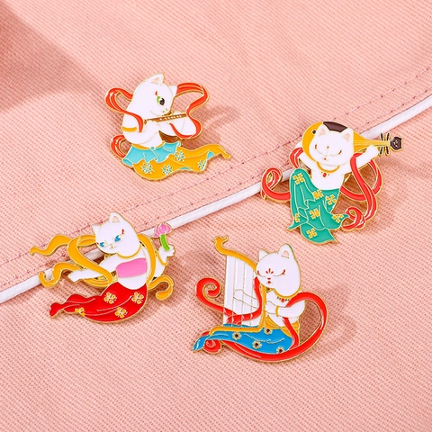Cartoon Cat Enamel Brooch Pin Dunhuang Flying Apsaras Style Zinc Alloy Jewelry Bag Accessory Souvenir Gift Kids Adults