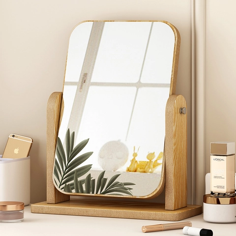 Miroir Maquillage Bureau Bois Rotatif HD Miroir De Courtoisie Simple Face Minimaliste Pour Chambre Salle De Bain