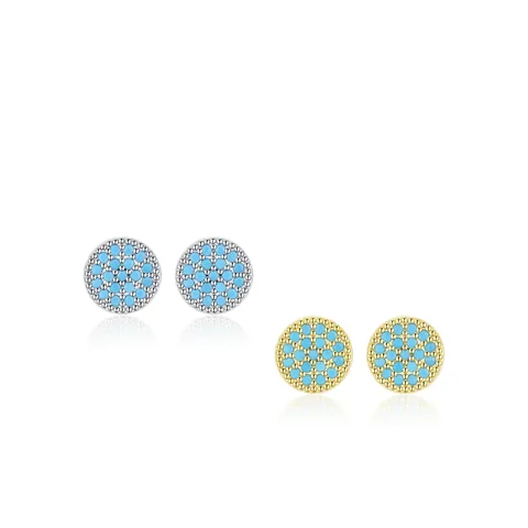 Round Micro Pave Turquoise Stud Earrings With 925 Sterling Silver Earring Post Simple Elegant Retro Jewelry For Women