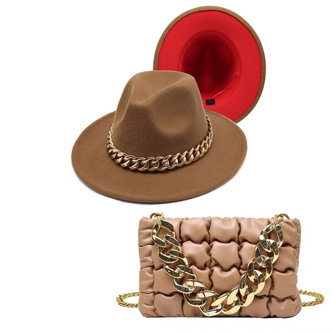 British Style Wool Felt Fedora Hat And Quilted PU Leather Handbag With Gold Chunky Chain Decor Retro Fashion For Women