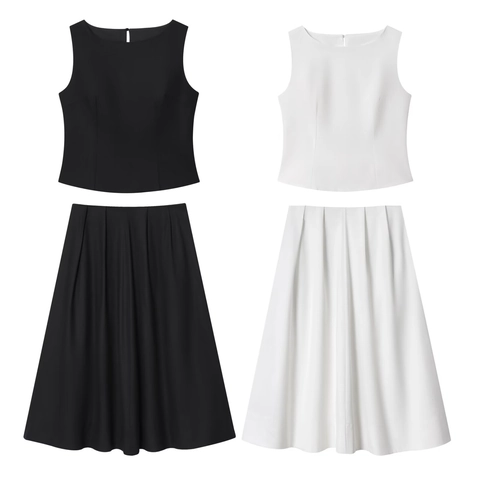 Women Sleeveless Round Neck Tank Top And Pleated Midi A-Line Skirt Solid Color Polyester Minimalist Casual Summer Outfits