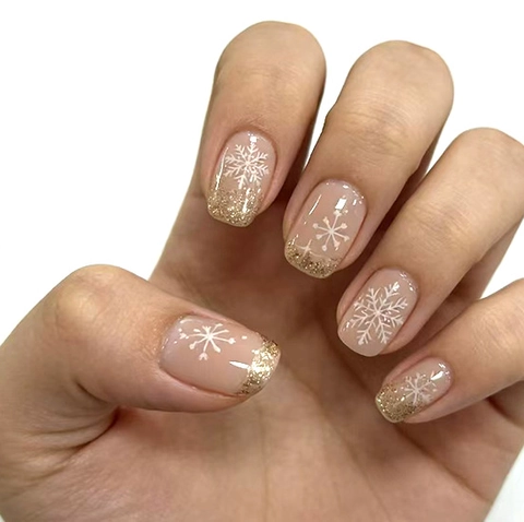 Glanzende French Press On Nails Sneeuwvlokken Goud Glitter Verloop Nude Roze Winter Kerst Stijl Voor Dames
