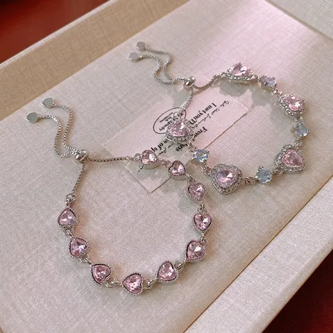 Heart Shaped Alloy Bracelet With Pink Cubic Zirconia Adjustable Bolo Chain Korean Sweet Light Luxury Women Jewelry