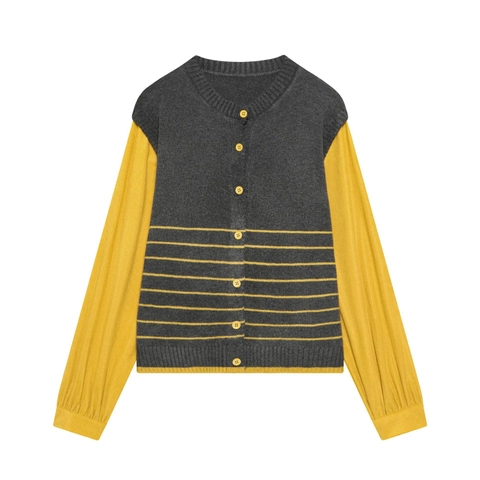 Cardigan Maglia Stile Strati Patchwork Colore Contrasto Maniche Lunghe Girocollo Bottoni Top Poliestere Donna Casual