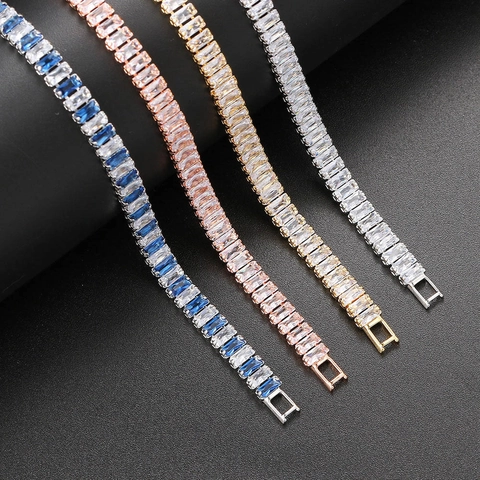 Baguette Schliff Rechteckige Zirkonia Tennis Armband Kupfer Gold Plattiert Mode Schmuck Für Frauen Elegant Funkelnd