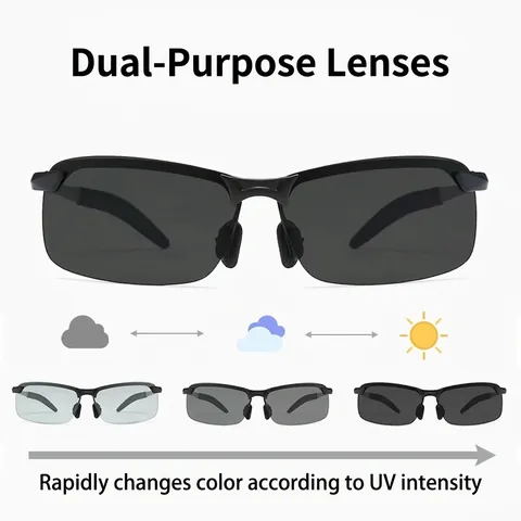 Photochrome Polarisierte Sonnenbrille Metall Halbrahmen UV400 Tag Nacht Fahren Brille Unisex Outdoor Sport Angeln