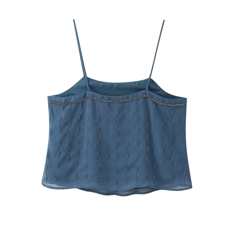 Dames Beaded Camisole Top Chiffon Spaghettibandjes Zomer Casual Mouwloos Getextureerde Tanktop Elegant Blauw