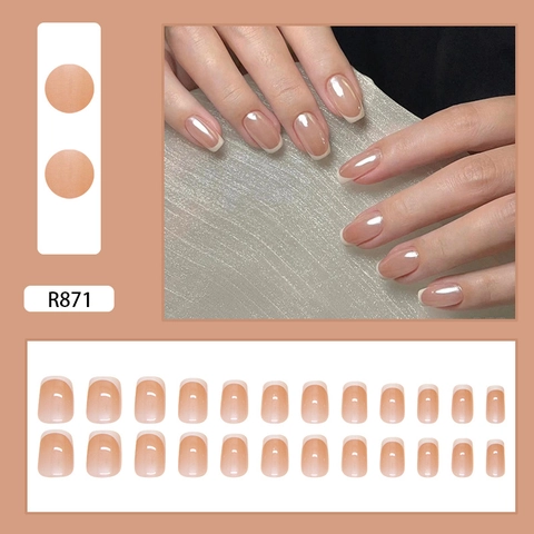 French Tip Press On Nails Squoval Nude Pink Glänzend Künstlich Abnehmbar Falsche Nägel Full Cover Maniküre Für Frauen Stil