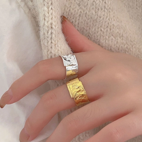 925 Sterling Silver Adjustable Open Ring Irregular Crumpled Texture Wide Band Minimalist Hammered Finish Commuter Women
