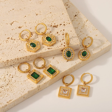 Vintage Stainless Steel Jewelry With Green Zircon Geometric Square Emerald Earrings And Rhinestone Rings For Women
