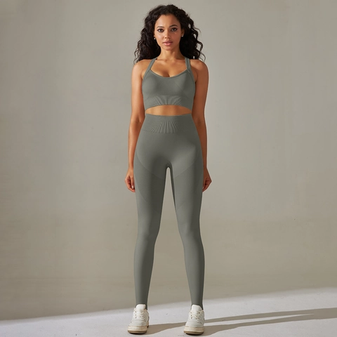 Nahtloser Strick Yoga BH Und Leggings Mit Hoher Taille Atmungsaktive Fitness Workout Kleidung Für Frauen Einfarbig
