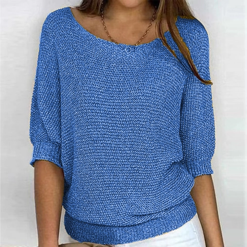 Haut en Tricot Élégant à Col Rond de Couleur Unie pour Femmes avec Manches Lanternes 3/4 Tricots Doux Pull Décontracté
