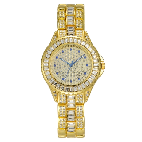 Luxus Damenarmbanduhr mit Strassbesatz Mode Legierung Metallarmband Quarzuhr Silber Gold Bicolor Glänzende Uhr für Damen
