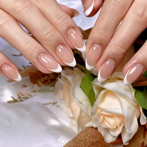 Kunstnagels Press On Nails Amandelvorm French Wit ABS Glanzend Nude Roze Manicure Professioneel Voor Vrouwen