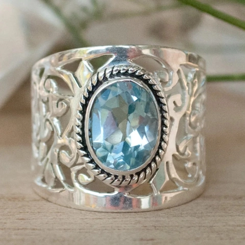 Anello Traforato In Lega Retrò Per Donna Con Pietra Ovale Blu Chiaro Fascia Larga Gioielli Boho Vintage