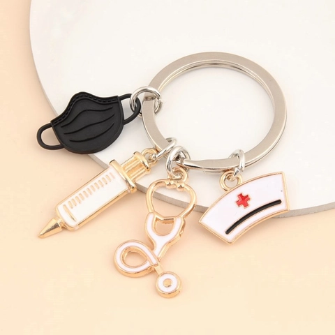 Llavero de Tema Médico Aleación Esmalte Sombrero de Enfermera Estetoscopio Jeringa Máscara Colgante Regalo de Médico