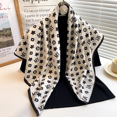 Elegant Square Scarf Polyester Satin Satin Feel Flower Letter Print Sun Protection Head Scarf For Women Fashion Accessory