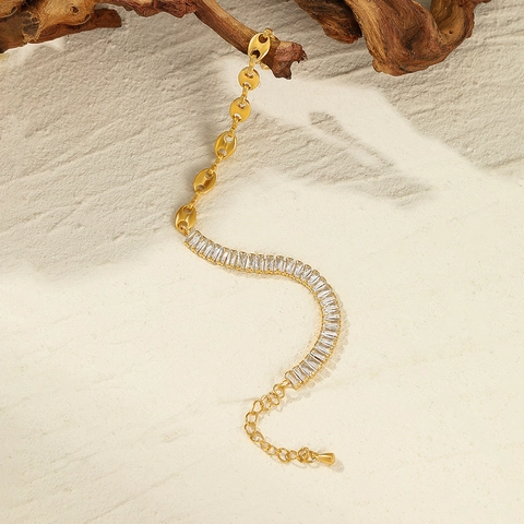 Edelstahl Armband Damen Gold Überzogen Spleißen Schweinenase Glied Rechteckiges Zirkonia Trendy Luxusschmuck