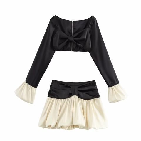 Top Corto De Satén Y Minifalda Color En Contraste Dobladillo Con Volantes Manga Larga Lazo Grande Moda Vacaciones Mujer