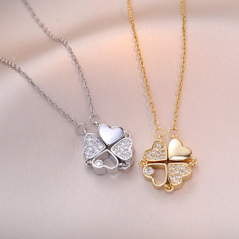 Magnetische Klappbare Kleeblatt Herz Anhänger Halskette Titan Edelstahl Zirkon Dual Wear Schmuck Für Damen