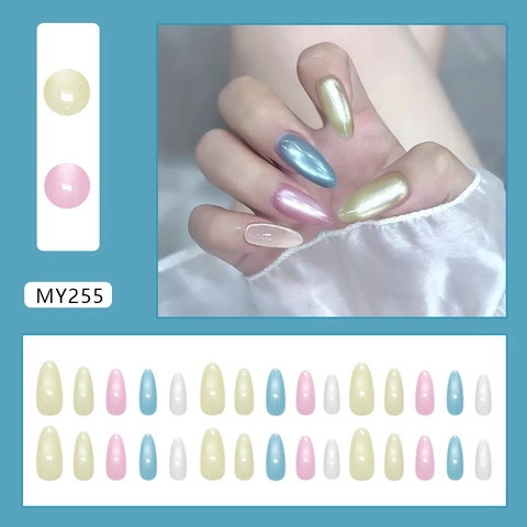 Macaron Cat Eye Τεχνητά Νύχια Σχήμα Αμυγδάλου Πέρλα Ψεύτικα Νύχια Με Κόλλα Γλυκό Στυλ Για Γυναίκες