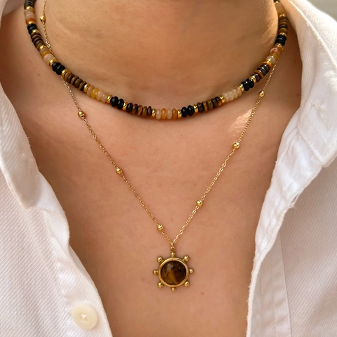 Bohemian Natural Yellow Tiger Eye Stone Beaded Necklace And Bracelet Gold Plated Stainless Steel Sun Pendant Jewelry For Women