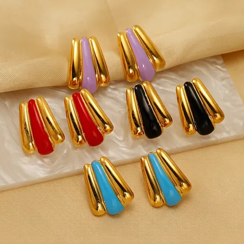Fan Geometric Stud Earrings Stainless Steel Gold Plated Enamel Drip Jewelry Women Vintage Fashion Accessory