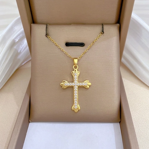 Collar Colgante Cruz Cadena De Acero Inoxidable Circonita Cúbica Lujo Color Oro Clavícula Para Mujeres Hombres