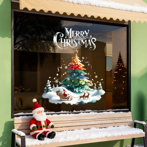 Christmas Window Stickers Static Cling PVC Double Sided Colorful Xmas Tree Santa Reindeer For Shop Home Glass Decor