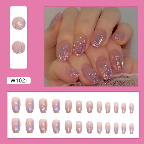 Faux Ongles Ballerine Courts Dégradé Rose Violet Paillettes Aurora Motif Étoile Météore Pour Femmes