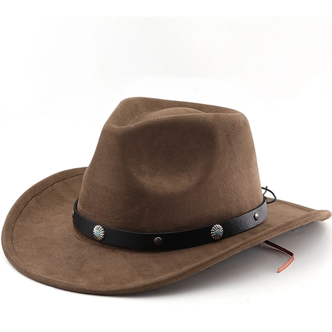Cappello Da Cowboy Occidentale Ecopelle Scamosciata Fascia Cuoio Turchese Rivetto Tesa Larga Vintage Fedora Per Uomini Donne Esterno