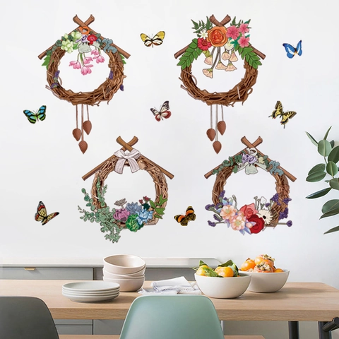 Floral Wreath Butterfly Wall Stickers PVC Waterproof Removable Decals For Living Room Bedroom Kitchen Home Decoration Mural