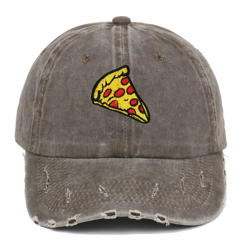 Casquette De Baseball En Coton Lavé Vintage Broderie Pizza Distressed Style Retro Chapeau Ajustable Outdoor Streetwear