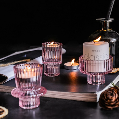 Glass Candle Holder Ribbed Vertical Striped Dual Use For Taper And Tea Light Nordic Vintage Dinner Table Wedding Party Decor