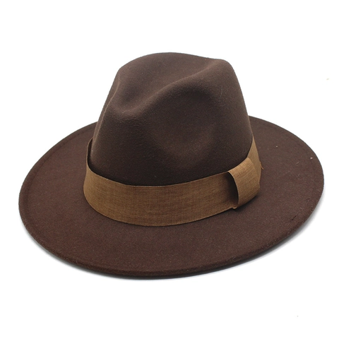 Vintage Wide Brim Fedora Hat Wool Felt Jazz Cap With Brown Ribbon Band Retro Solid Color For Men Women Autumn Winter