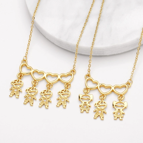 Gold Plated Copper Heart Necklace With Boy And Girl Pendants Inlaid Zirconia Choker For Women Mother's Day Gift Simple Family Style Jewelry
