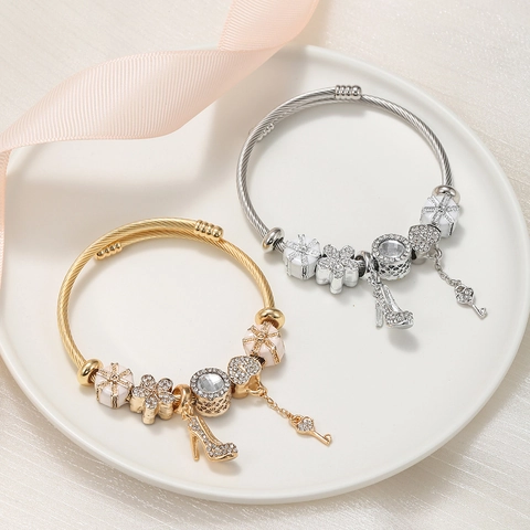Stainless Steel Bangle And Alloy Beads High Heels Heart Lock Key Flower Charm Bracelet For Women Fashion Jewelry