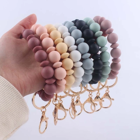 Silicone Beaded Keychain Wristlet Bracelet Key Ring With Metal Lobster Clasp Anti-Lost Hand Strap For Women Girls