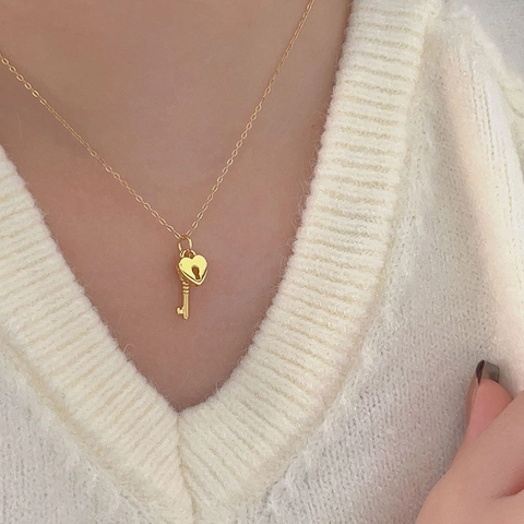 Heart Lock And Key Pendant Necklace 925 Sterling Silver Minimalist Korean Style Chic Accessory Jewelry Gift For Women