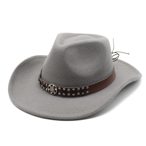 Western Cowboy Hat Retro Wide Brim Felt Fedora With Faux Leather Rivet Band Ethnic Style Sunscreen Outdoor Unisex