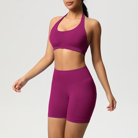 Halter Sports Bra And High Waist Shorts Yoga Workout Fitness Gym Seamless Knit Solid Color Moisture Wicking For Women