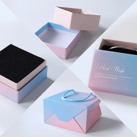 Sieraden Geschenkdoos Gradiënt Macaron Kleur Papier Opslag Voor Ring Ketting Oorbel Best Wish Afdrukken Kunstparelmoer