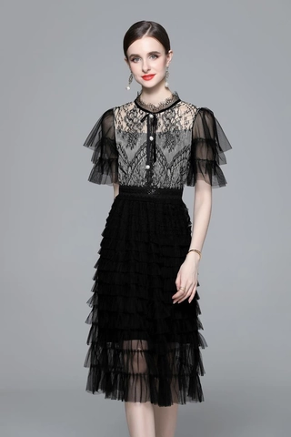 Elegantes Schwarzes Midi Kleid Mit Spitzen Mesh Patchwork Stehkragen Schleife Stufenrock Hohe Taille Chic Kleid